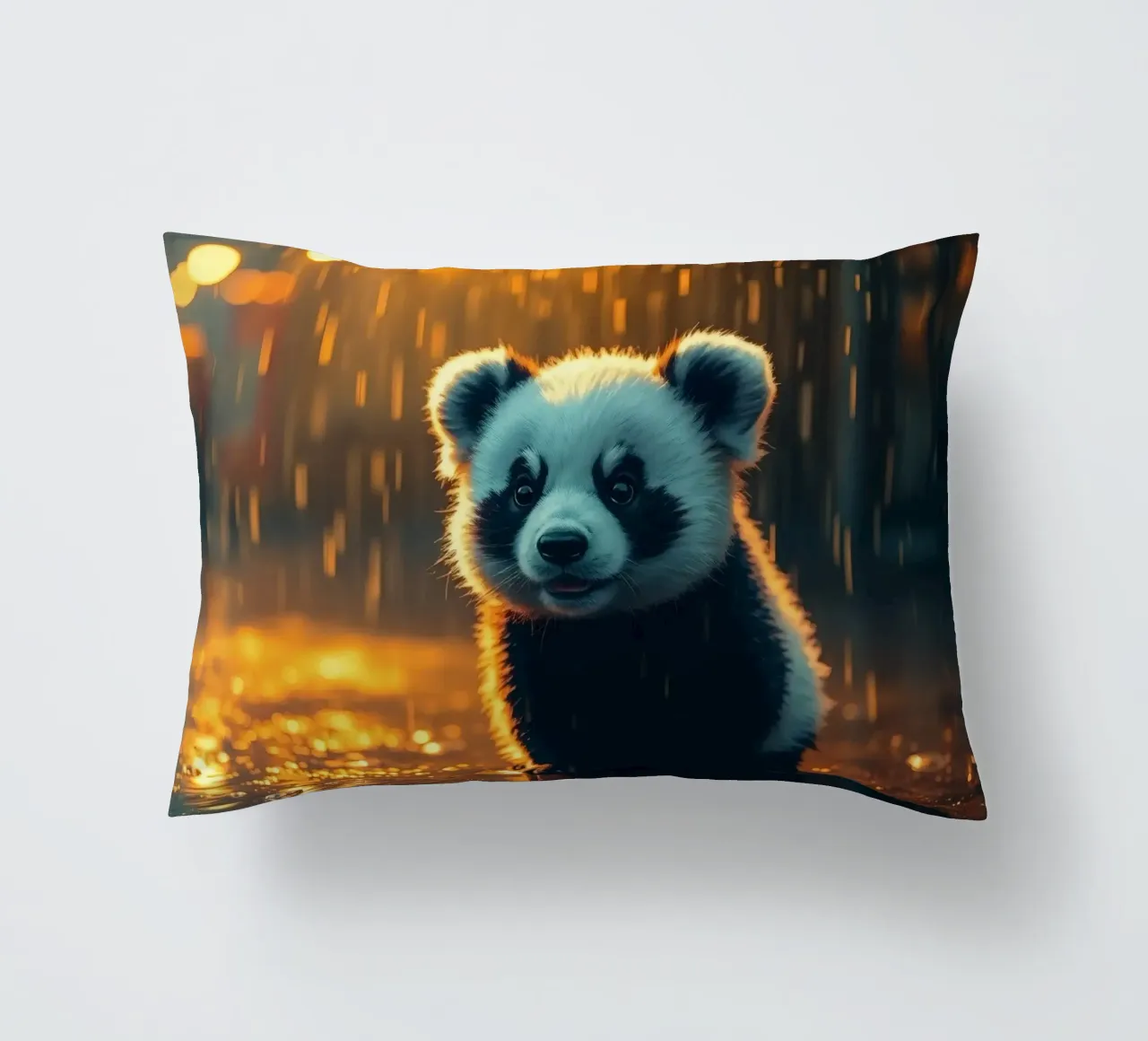 Un tenero cucciolo di panda siede sotto la pioggia al crepuscolo cuscino da DesignDoodle