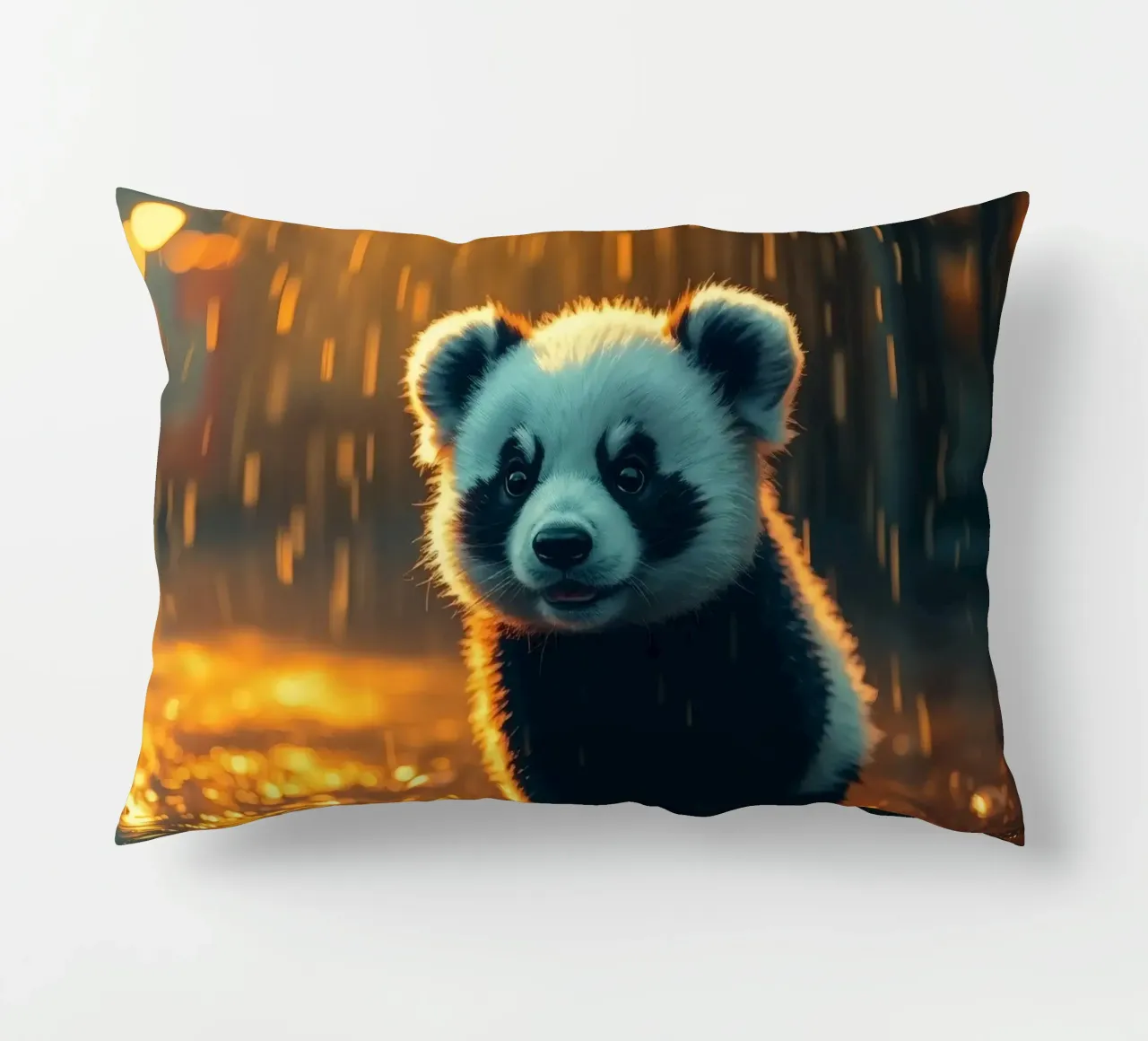 Un tenero cucciolo di panda siede sotto la pioggia al crepuscolo cuscino da DesignDoodle