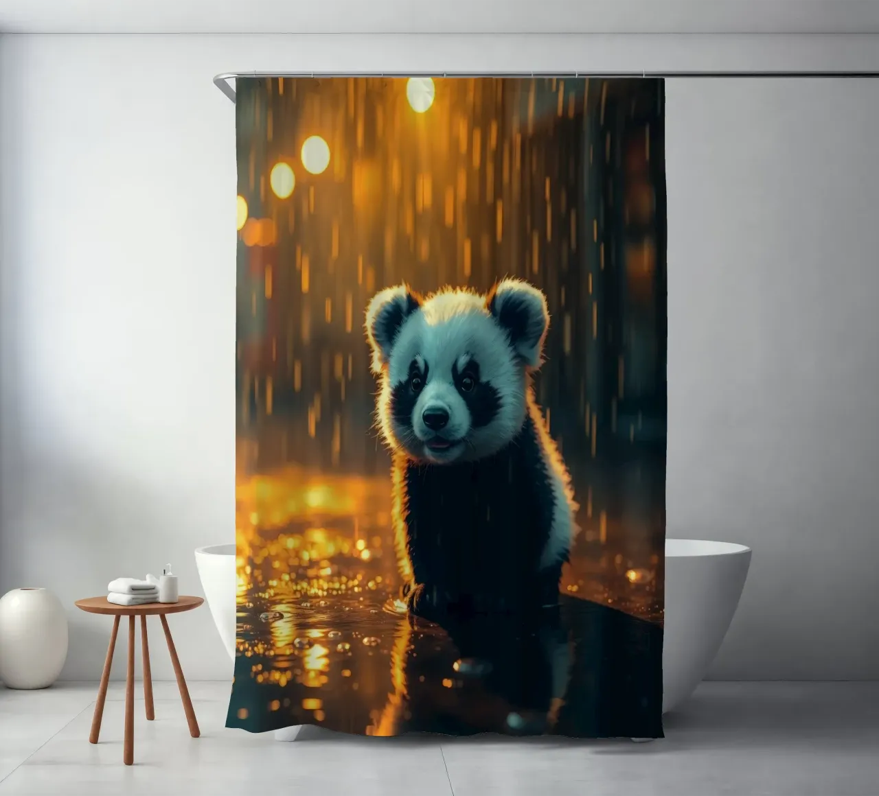 Cute panda cub sits in the rain at twilight shower curtain by DesignDoodle