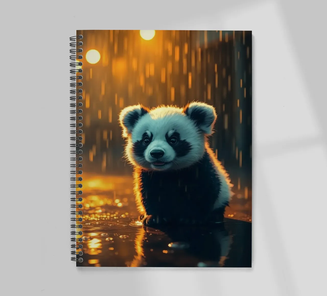 Cute panda cub sits in the rain at twilight spiral notebook by DesignDoodle