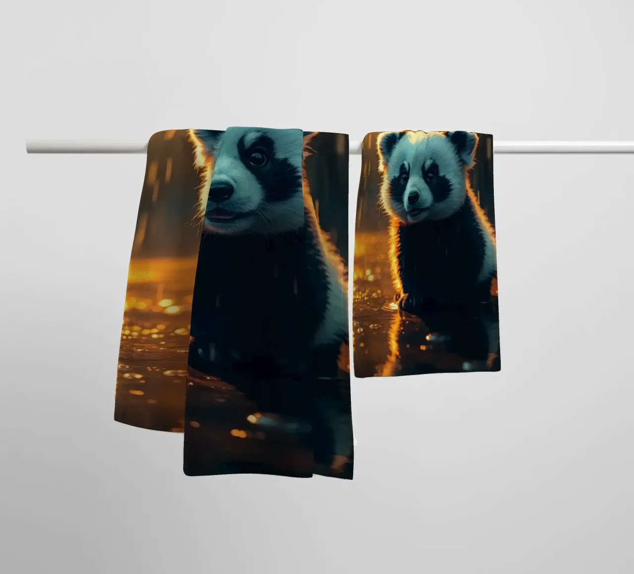 Cute panda cub sits in the rain at twilight towel by DesignDoodle