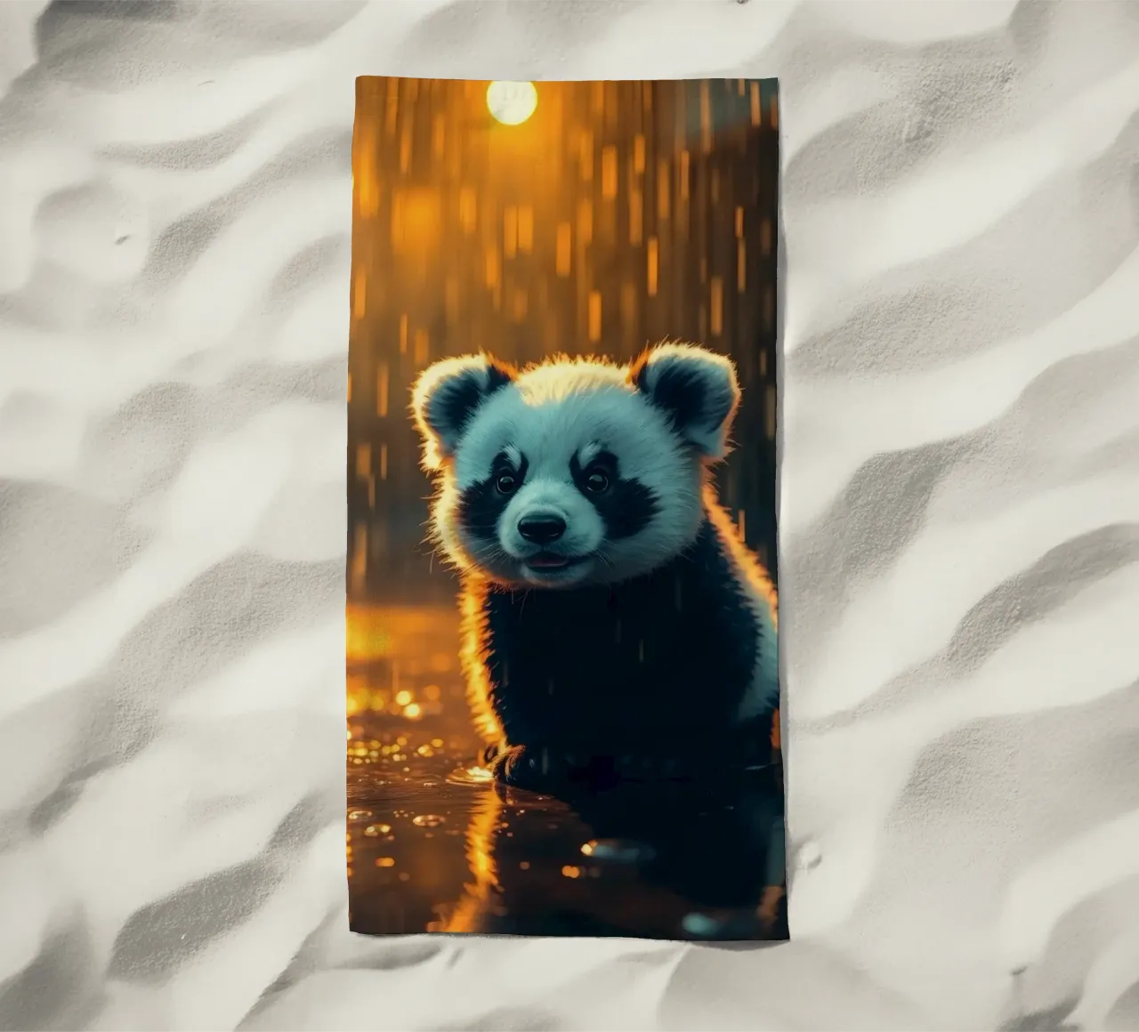 Un tenero cucciolo di panda siede sotto la pioggia al crepuscolo telo mare da DesignDoodle