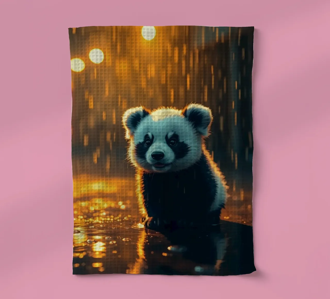 Cute panda cub sits in the rain at twilight tea towel by DesignDoodle