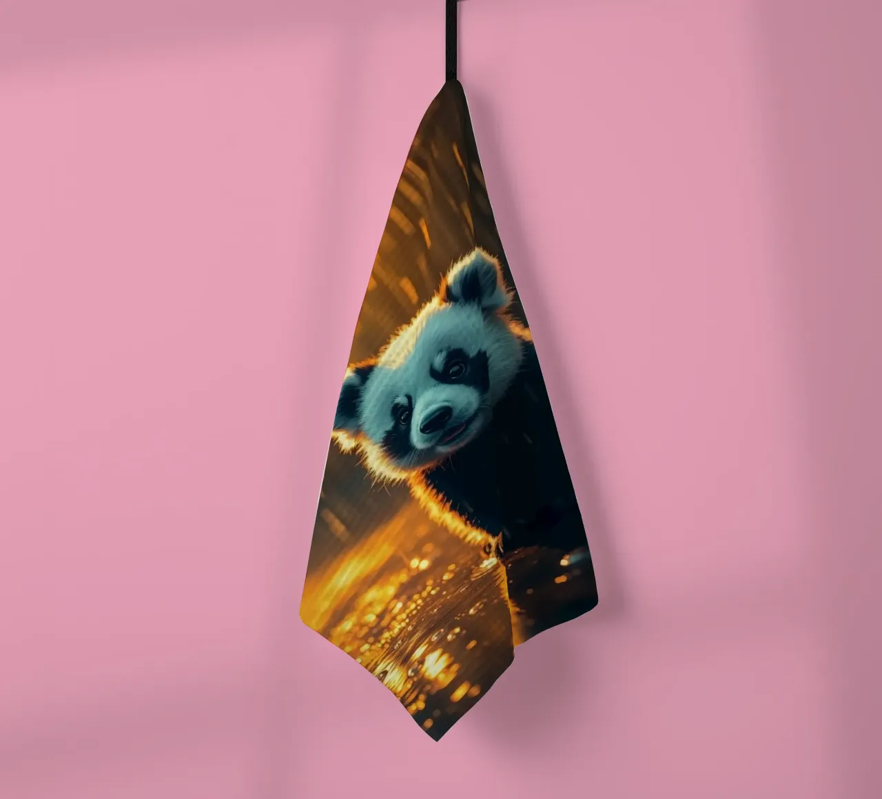 Cute panda cub sits in the rain at twilight tea towel by DesignDoodle