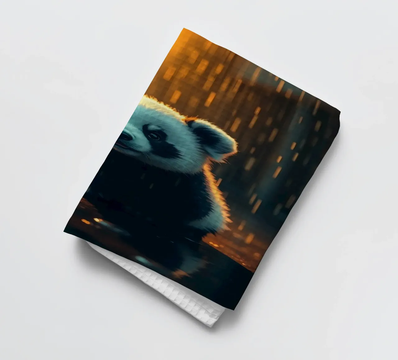 Cute panda cub sits in the rain at twilight tea towel by DesignDoodle