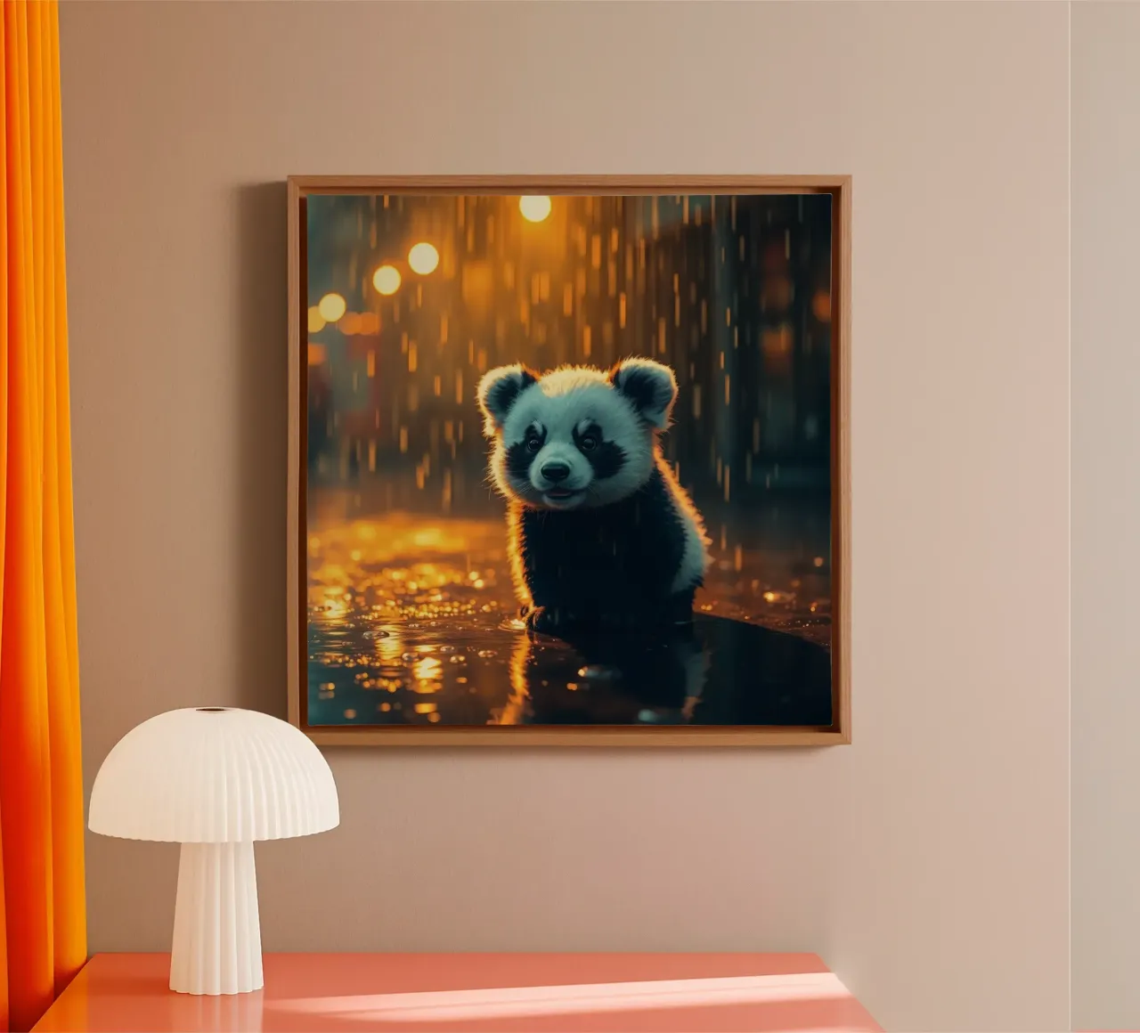 Cute panda cub sits in the rain at twilight canvas by DesignDoodle