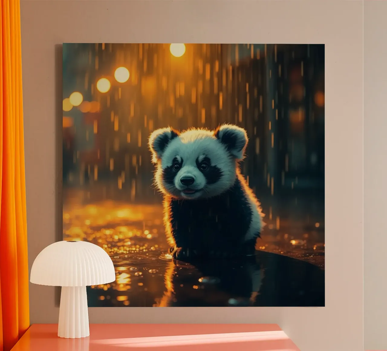Cute panda cub sits in the rain at twilight canvas by DesignDoodle