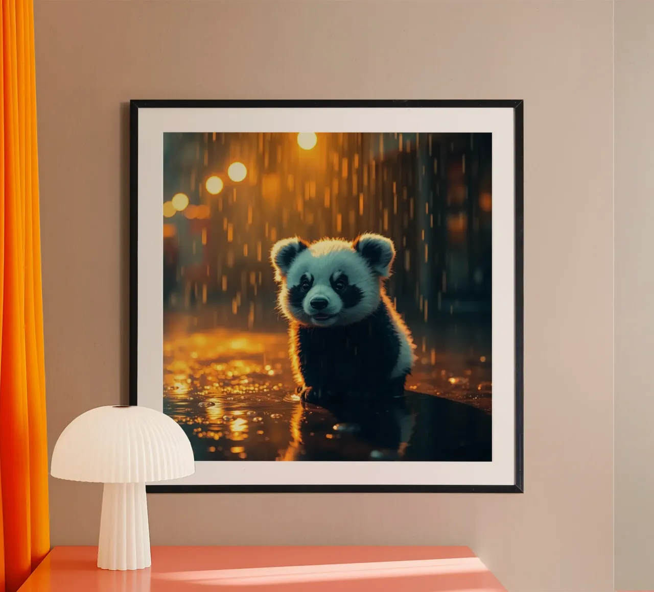 Un tenero cucciolo di panda siede sotto la pioggia al crepuscolo carta hahnemühle da DesignDoodle