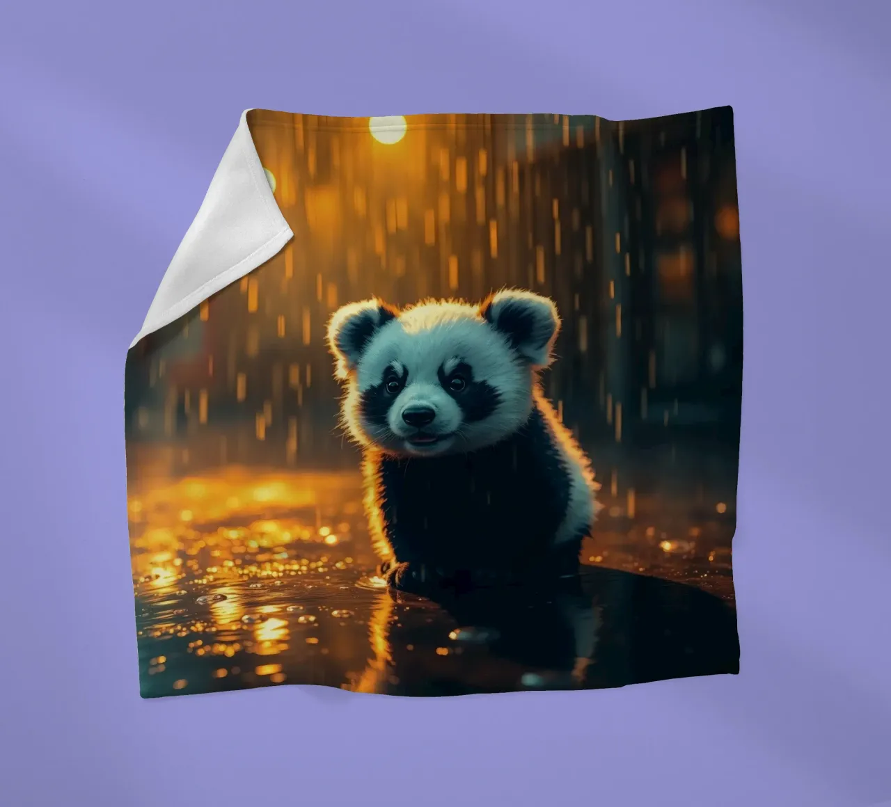 Un tenero cucciolo di panda siede sotto la pioggia al crepuscolo coperta in pile da DesignDoodle