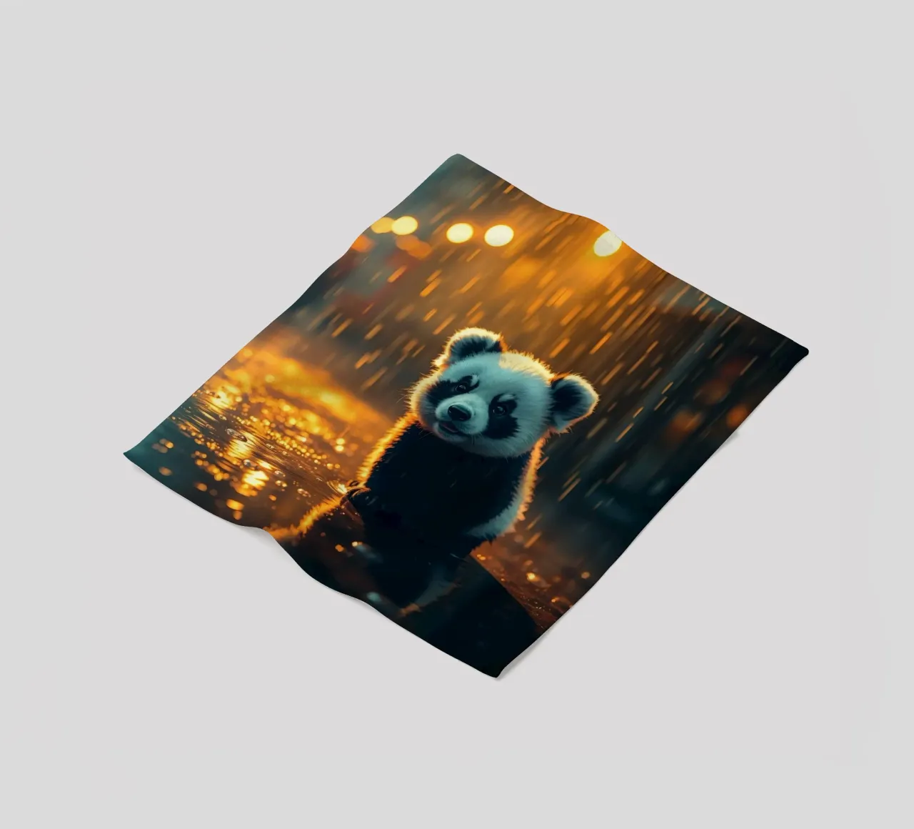 Un tenero cucciolo di panda siede sotto la pioggia al crepuscolo coperta in pile da DesignDoodle