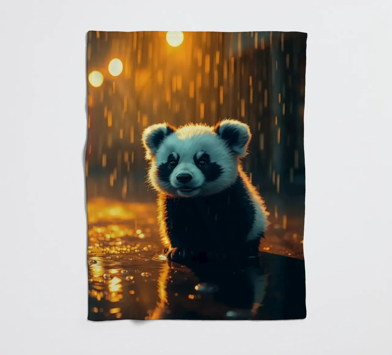 Un tenero cucciolo di panda siede sotto la pioggia al crepuscolo coperta in pile da DesignDoodle