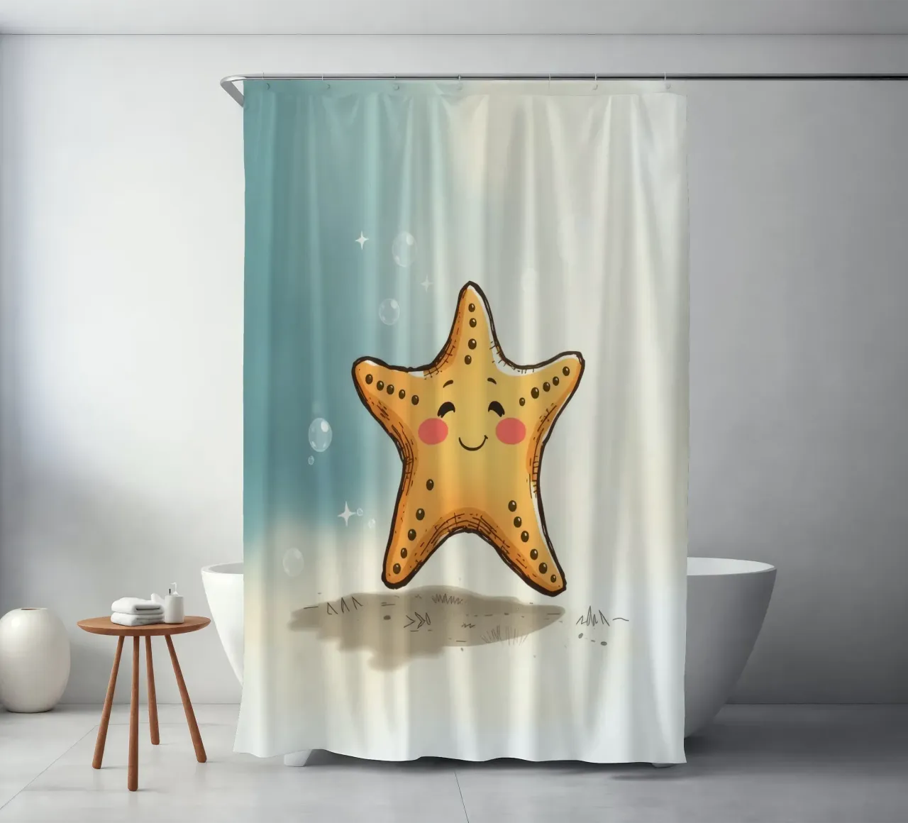 Süßer lächelnder Seestern umgeben von Blasen Duschvorhang von DesignDoodle