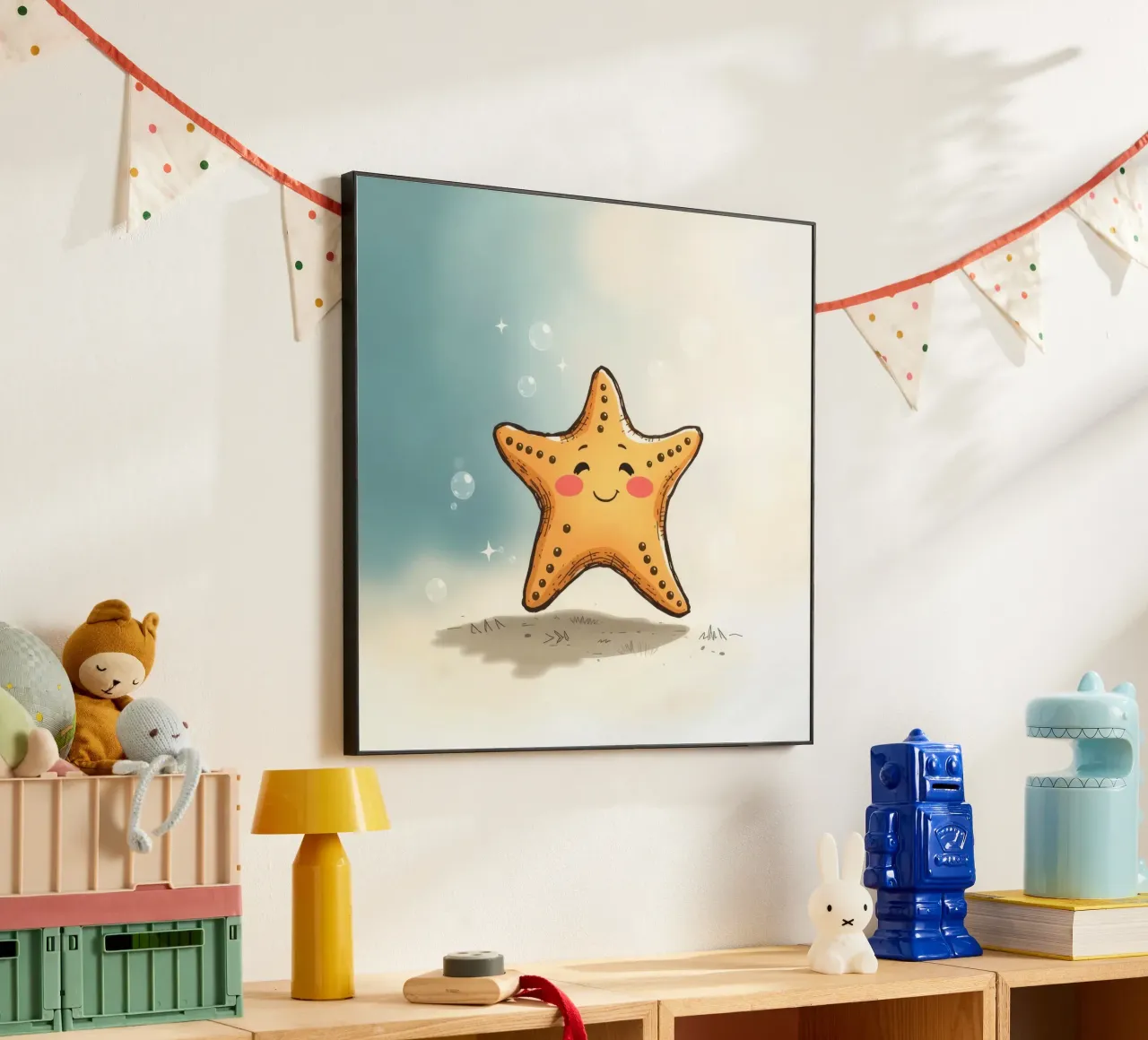 Cute smiling starfish surrounded by bubbles alu-dibond by DesignDoodle