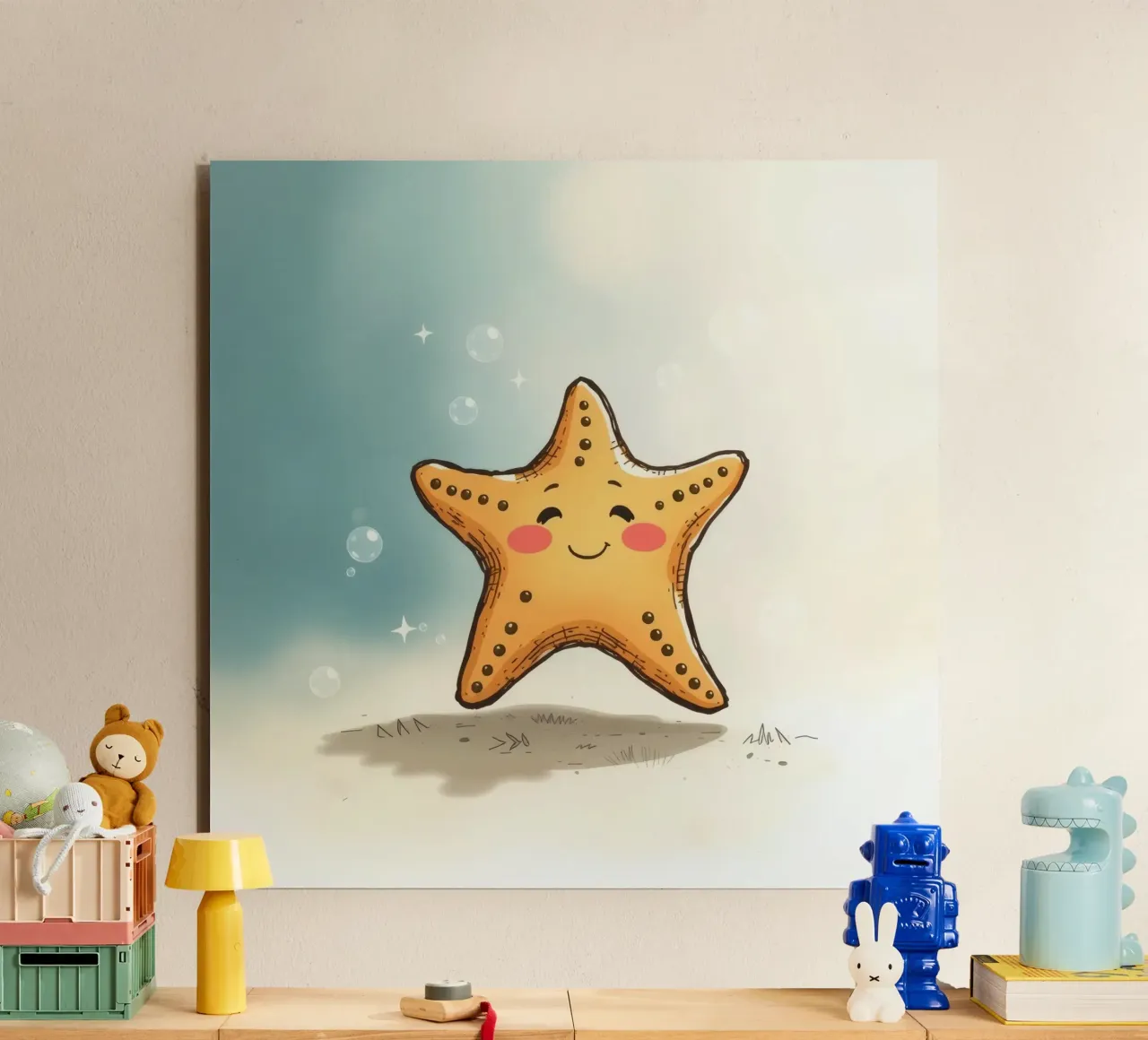 Cute smiling starfish surrounded by bubbles alu-dibond by DesignDoodle