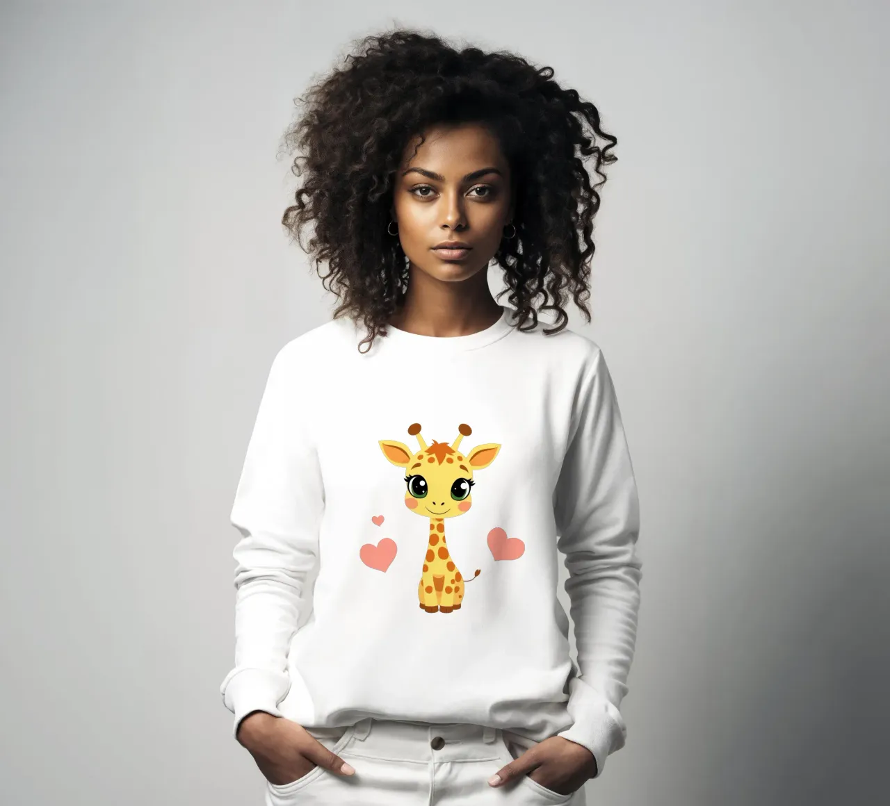 Simpatica giraffa a cartoni animati con grandi occhi e decorazioni a cuore su felpa da DesignDoodle