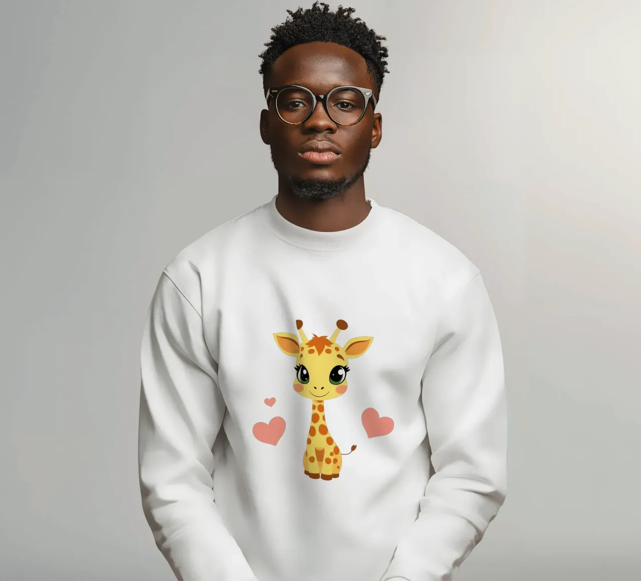 Simpatica giraffa a cartoni animati con grandi occhi e decorazioni a cuore su felpa da DesignDoodle