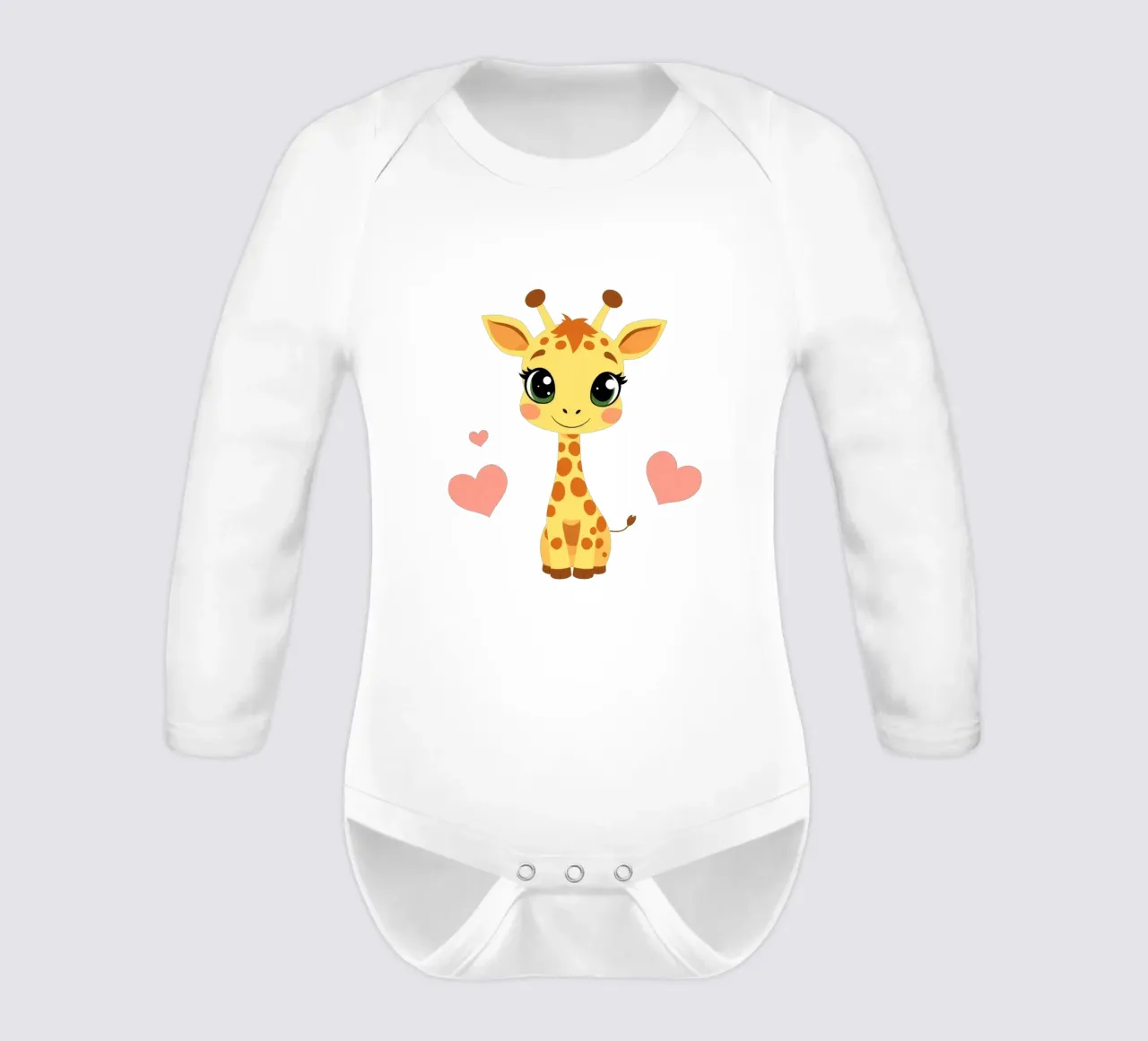 Cute cartoon giraffe with big eyes and heart decorations on long-sleeve baby romper by DesignDoodle