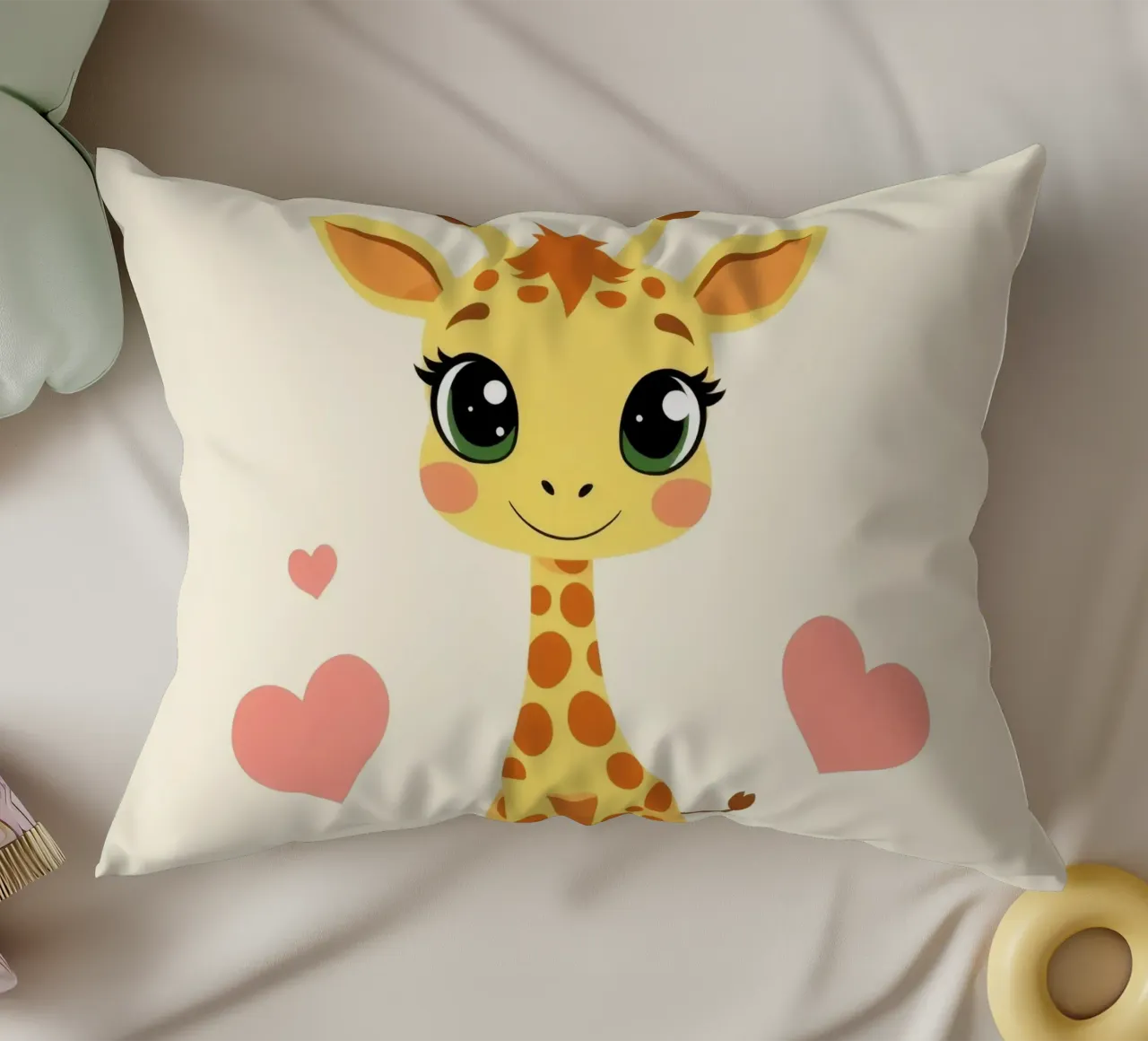 Cute cartoon giraffe with big eyes and heart decorations on decorative cushion by DesignDoodle
