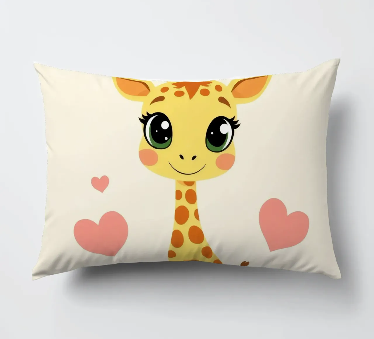 Cute cartoon giraffe with big eyes and heart decorations on decorative cushion by DesignDoodle