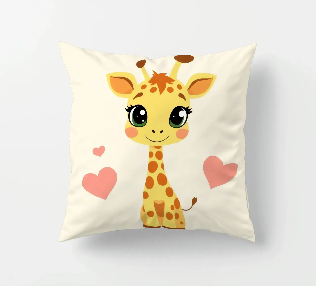 Cute cartoon giraffe with big eyes and heart decorations on decorative cushion by DesignDoodle