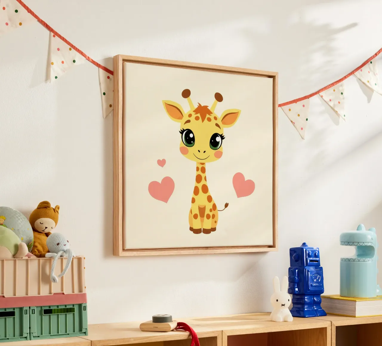 Simpatica giraffa a cartoni animati con grandi occhi e decorazioni a cuore su tela con Cornice a cassetta da DesignDoodle