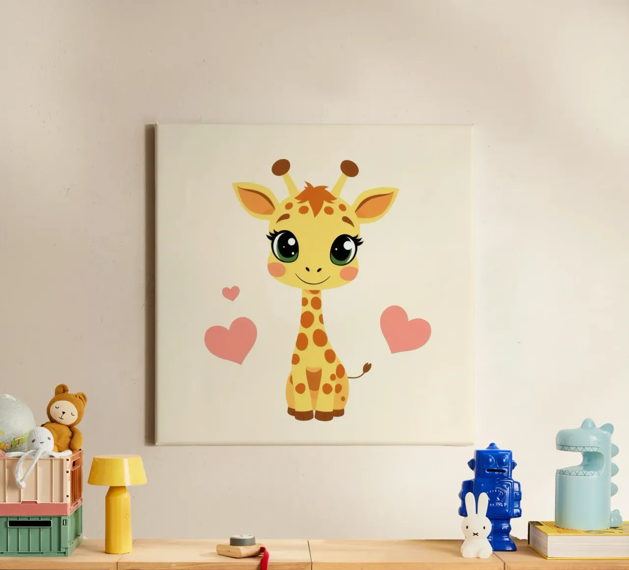 Simpatica giraffa a cartoni animati con grandi occhi e decorazioni a cuore su tela con Cornice a cassetta da DesignDoodle