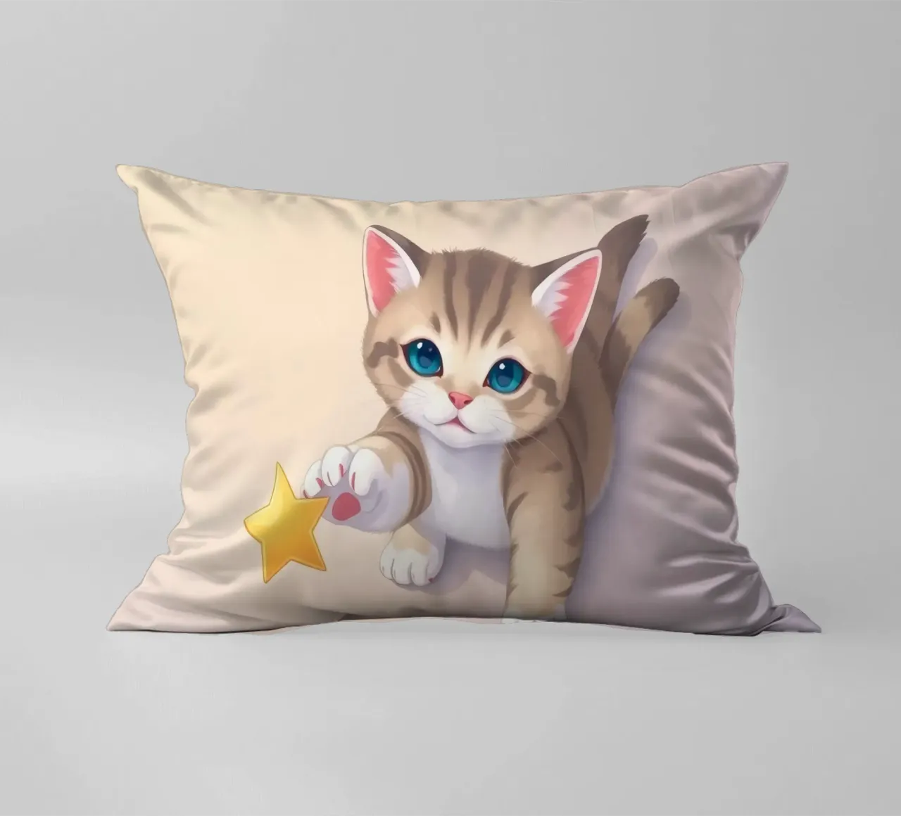 Cute kitten reaching for a bright yellow star decorative cushion by DesignDoodle