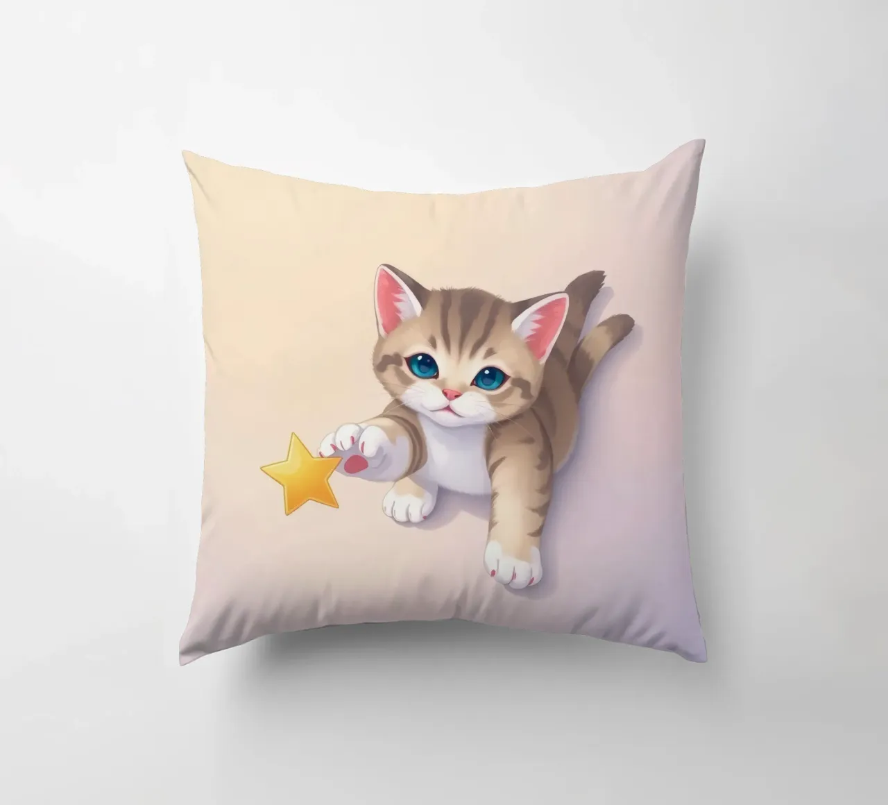 Cute kitten reaching for a bright yellow star decorative cushion by DesignDoodle