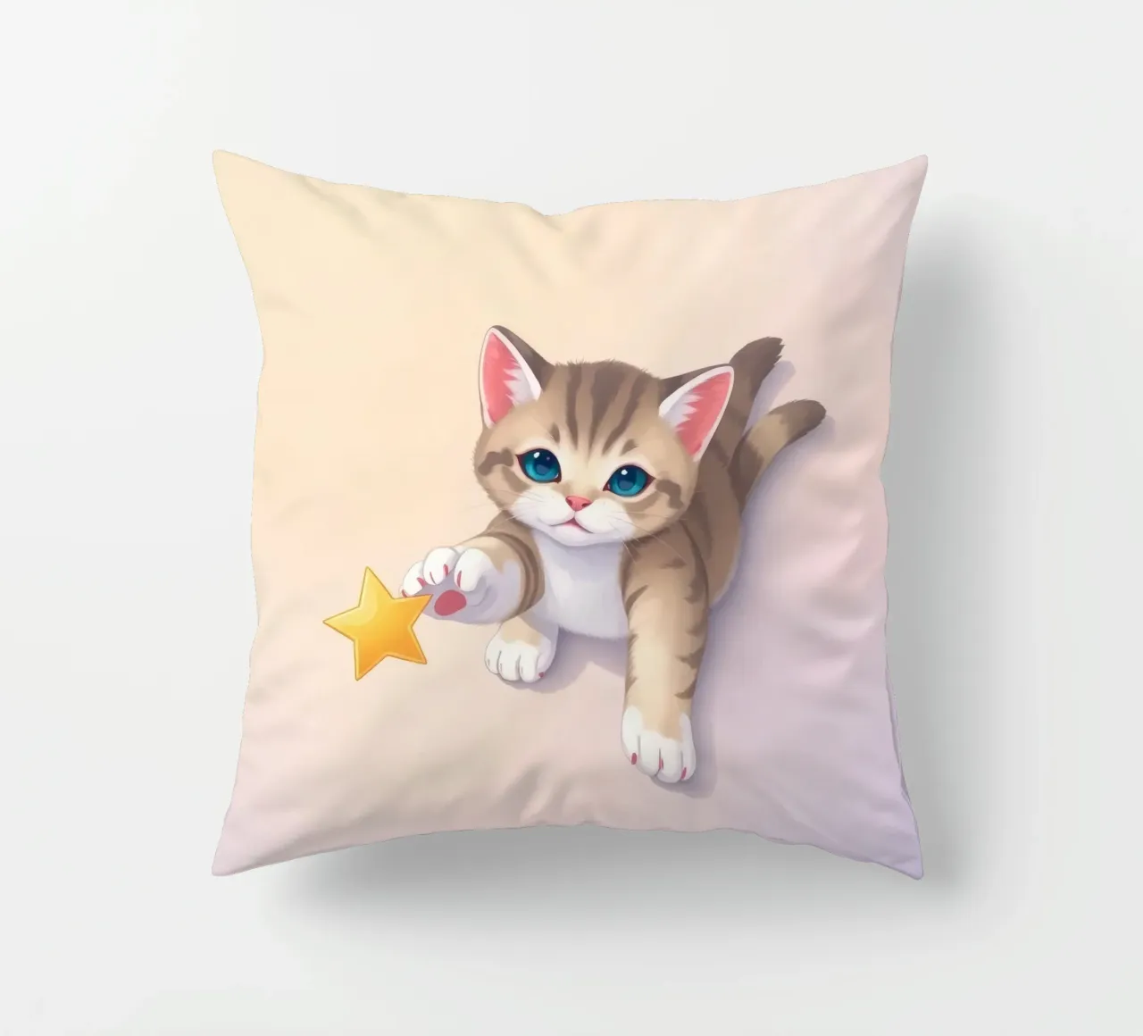 Cute kitten reaching for a bright yellow star decorative cushion by DesignDoodle