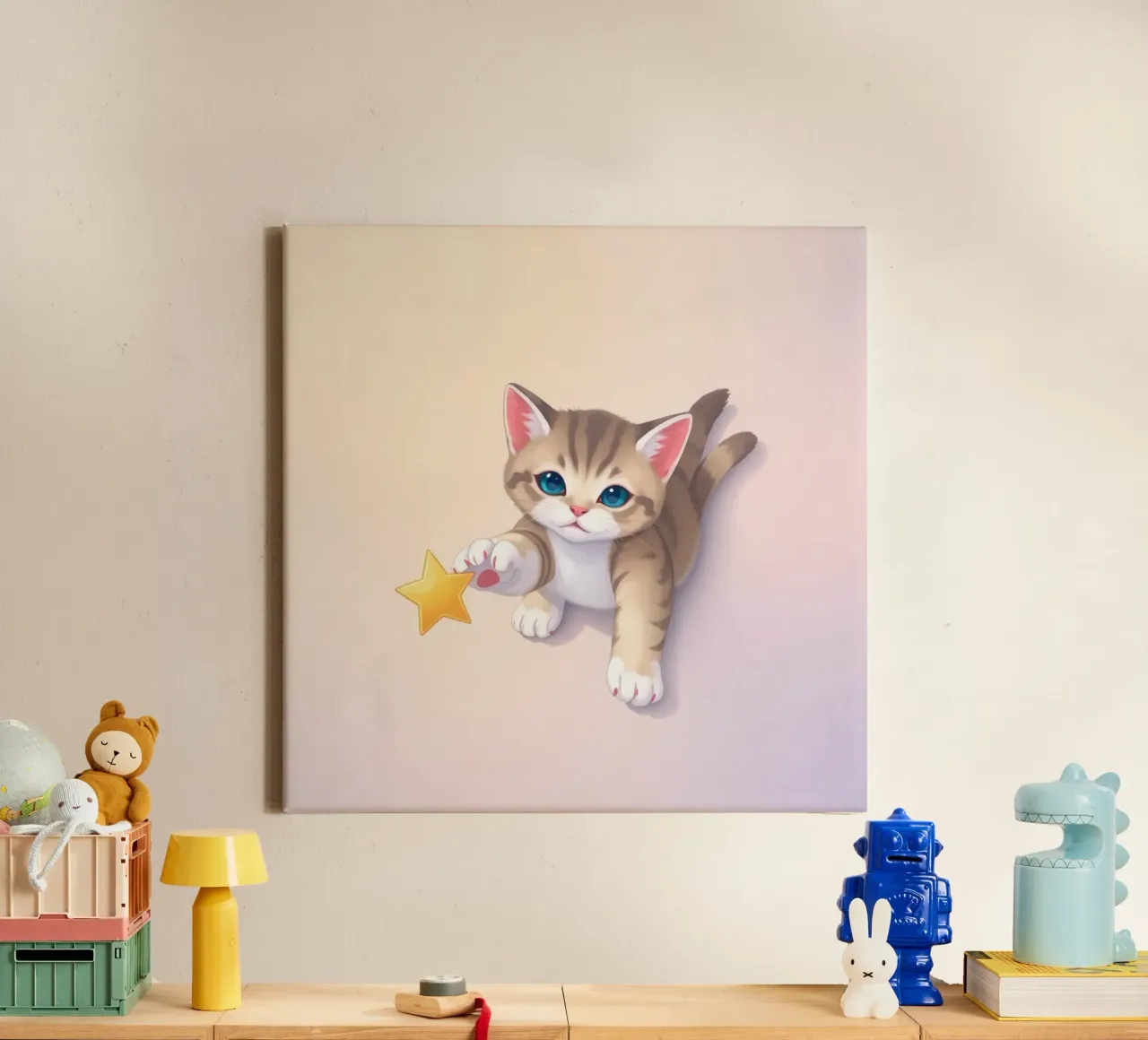 Chaton mignon qui cherche à attraper une étoile jaune brillante toile avec Caisse américaine de DesignDoodle