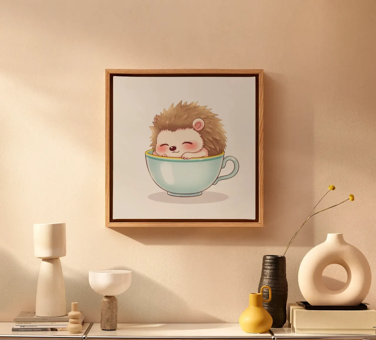 Simpático erizo relajándose en una taza azul claro lienzo con Marco flotante de DesignDoodle