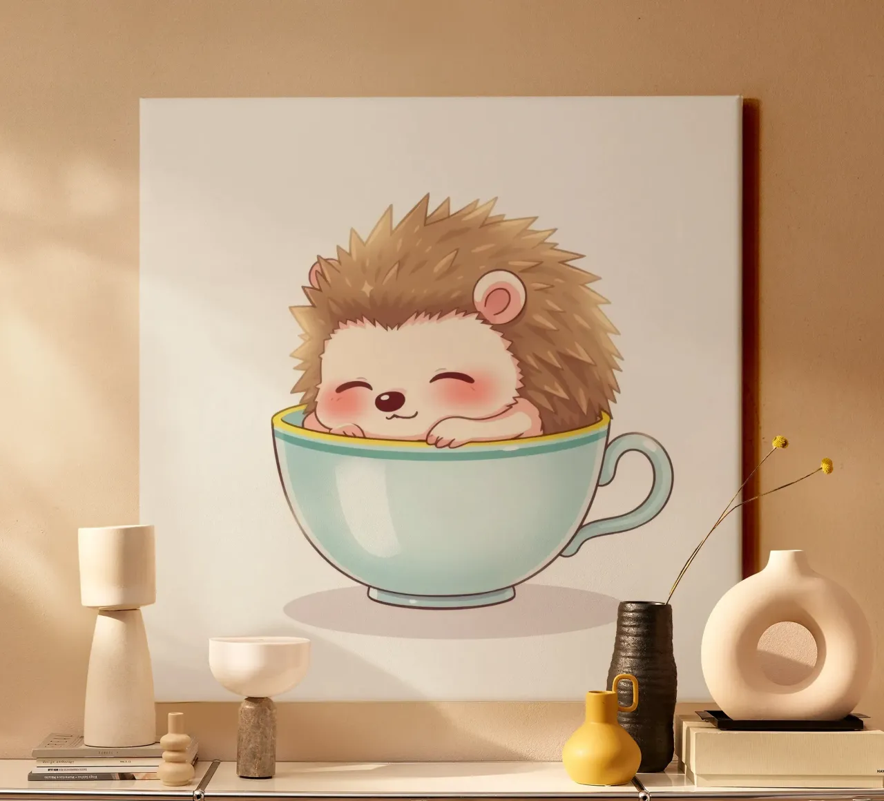 Simpático erizo relajándose en una taza azul claro lienzo con Marco flotante de DesignDoodle