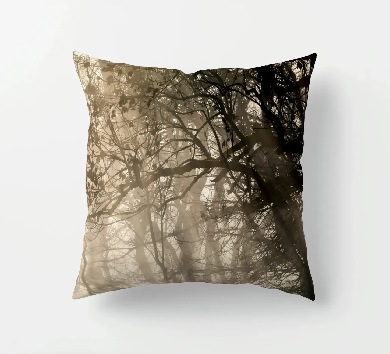An image of a beautiful tree in the fog in the forest cuscino da anderm
