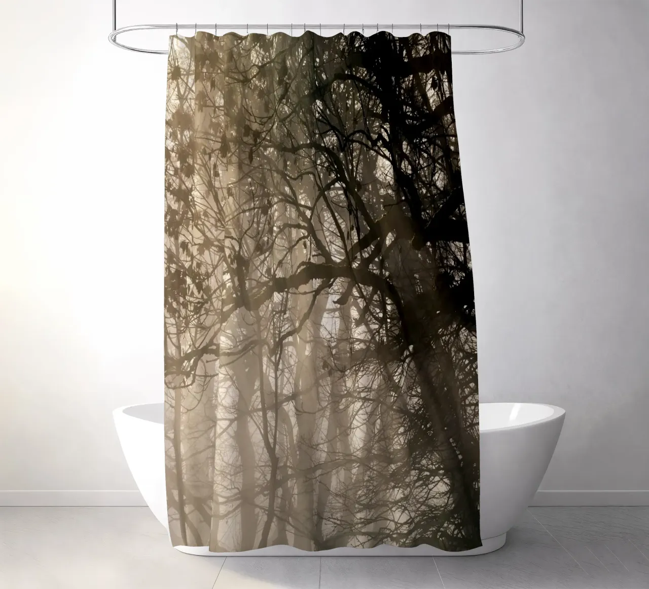An image of a beautiful tree in the fog in the forest tenda da doccia da anderm