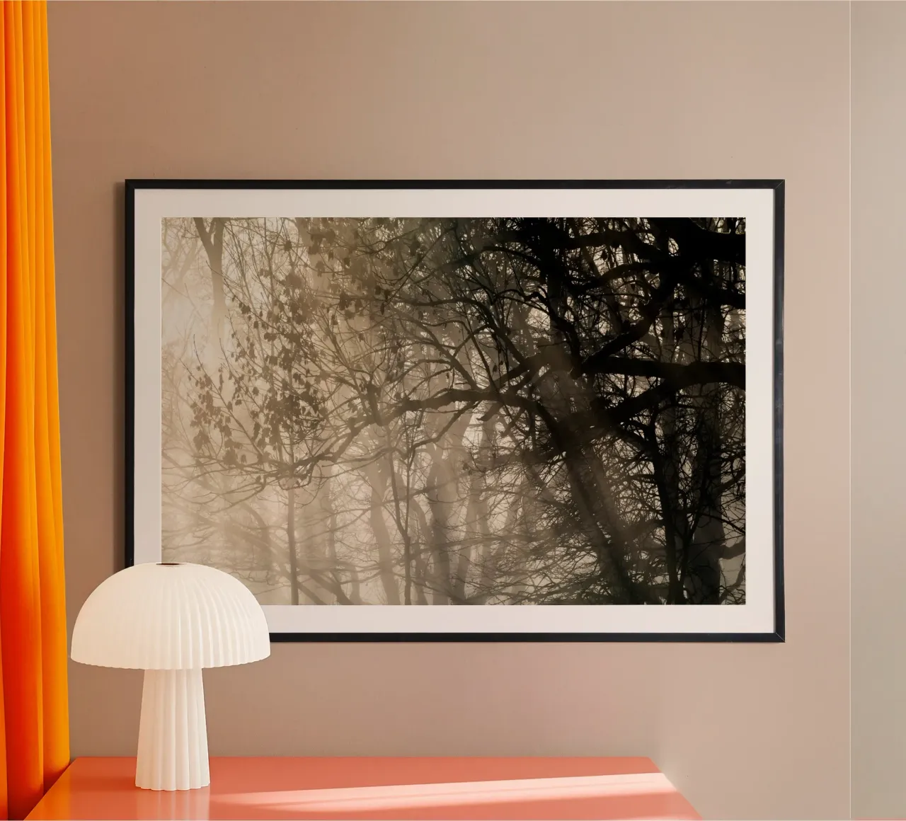 An image of a beautiful tree in the fog in the forest poster con telaio in plastica da anderm