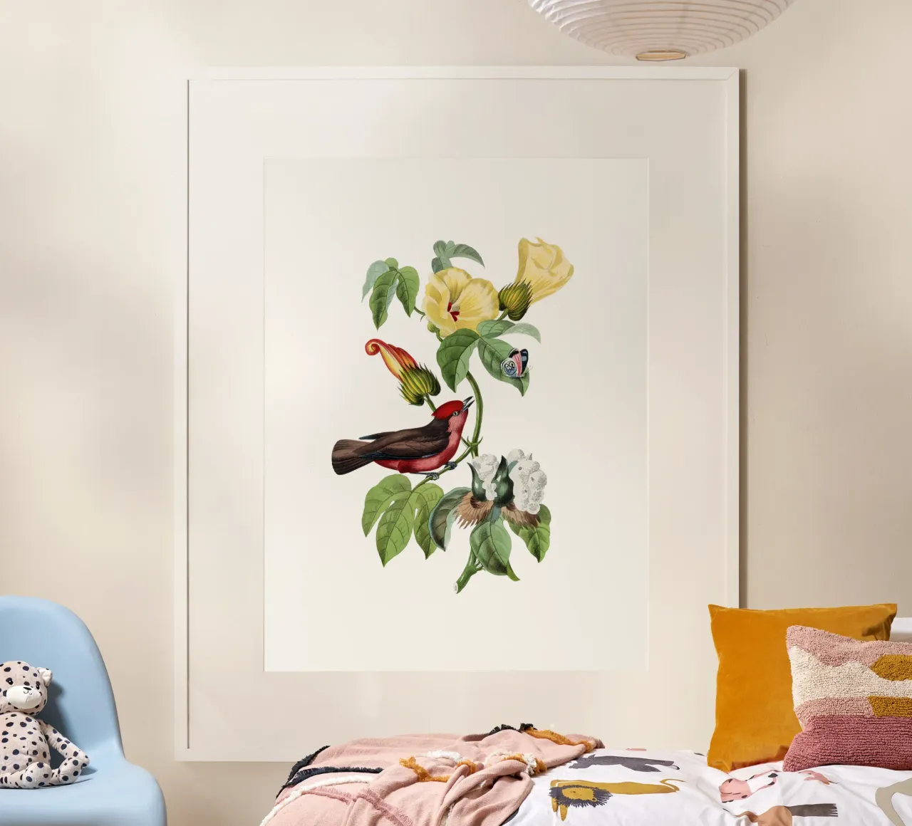Uccelli vintage tropicali su un ramo di fiori esotici poster con telaio in alluminio da Vintage World - Uta Naumann