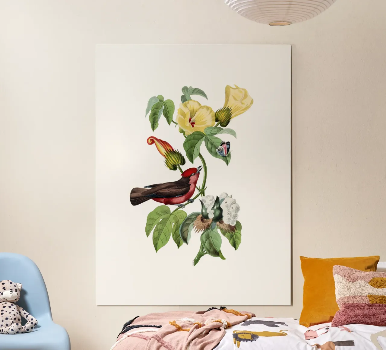 Uccelli vintage tropicali su un ramo di fiori esotici poster con telaio in alluminio da Vintage World - Uta Naumann