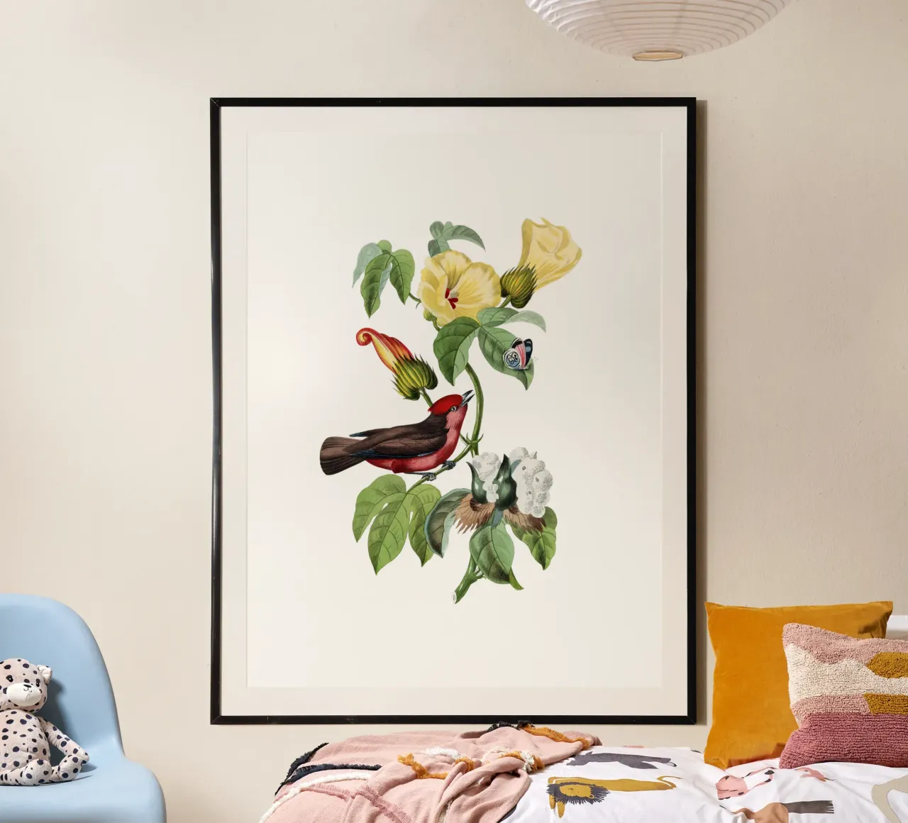 Uccelli vintage tropicali su un ramo di fiori esotici poster con telaio in alluminio da Vintage World - Uta Naumann