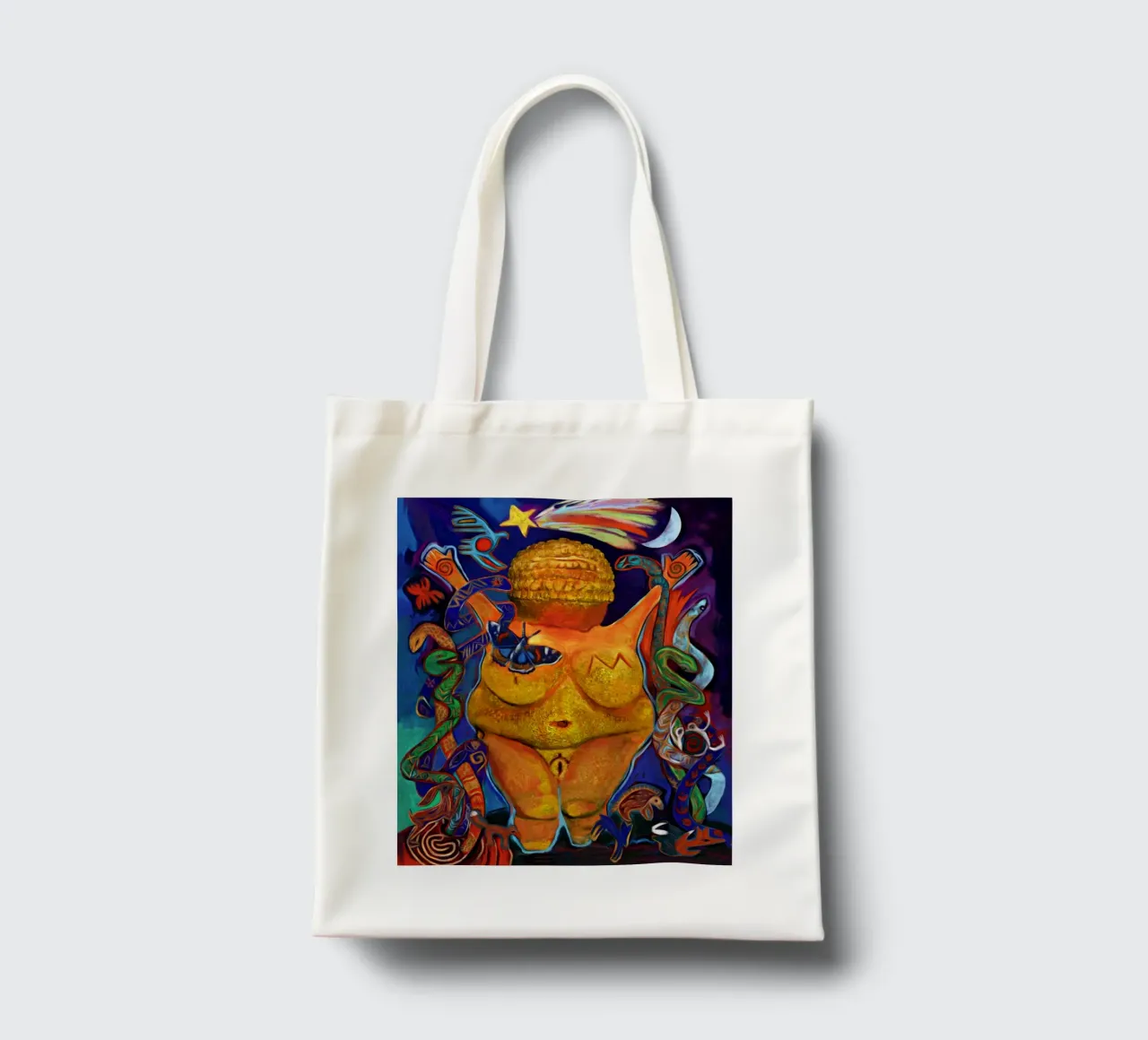 Joyous Willendorf borsa in juta da goddess art