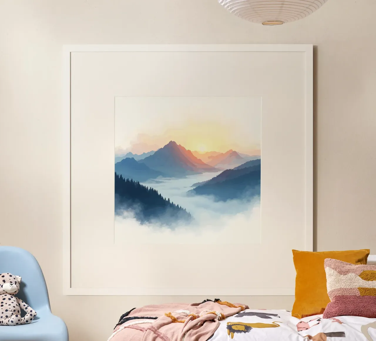 Alba serena su montagne nebbiose poster con telaio in legno da artdesign1985