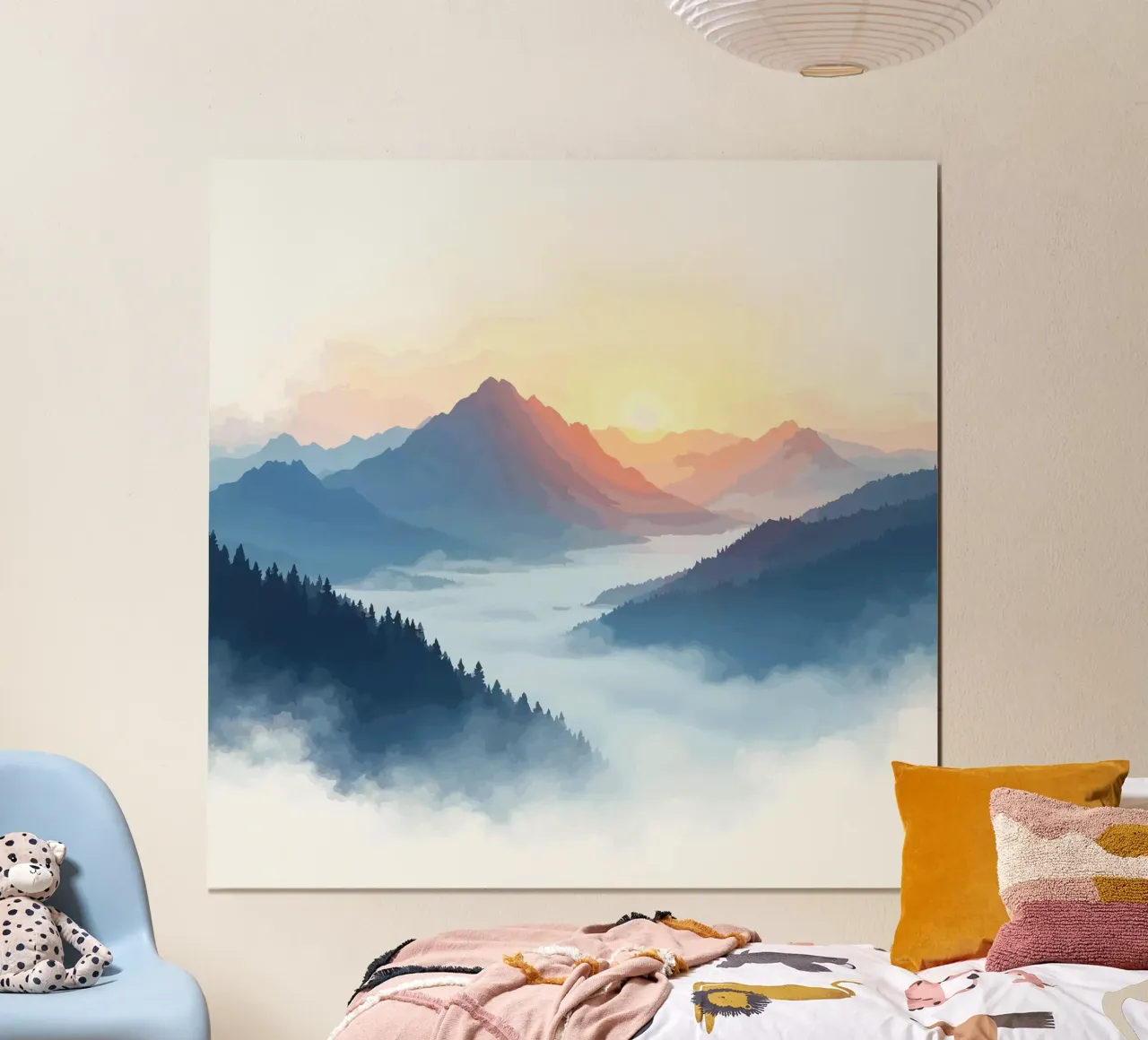 Alba serena su montagne nebbiose poster con telaio in legno da artdesign1985