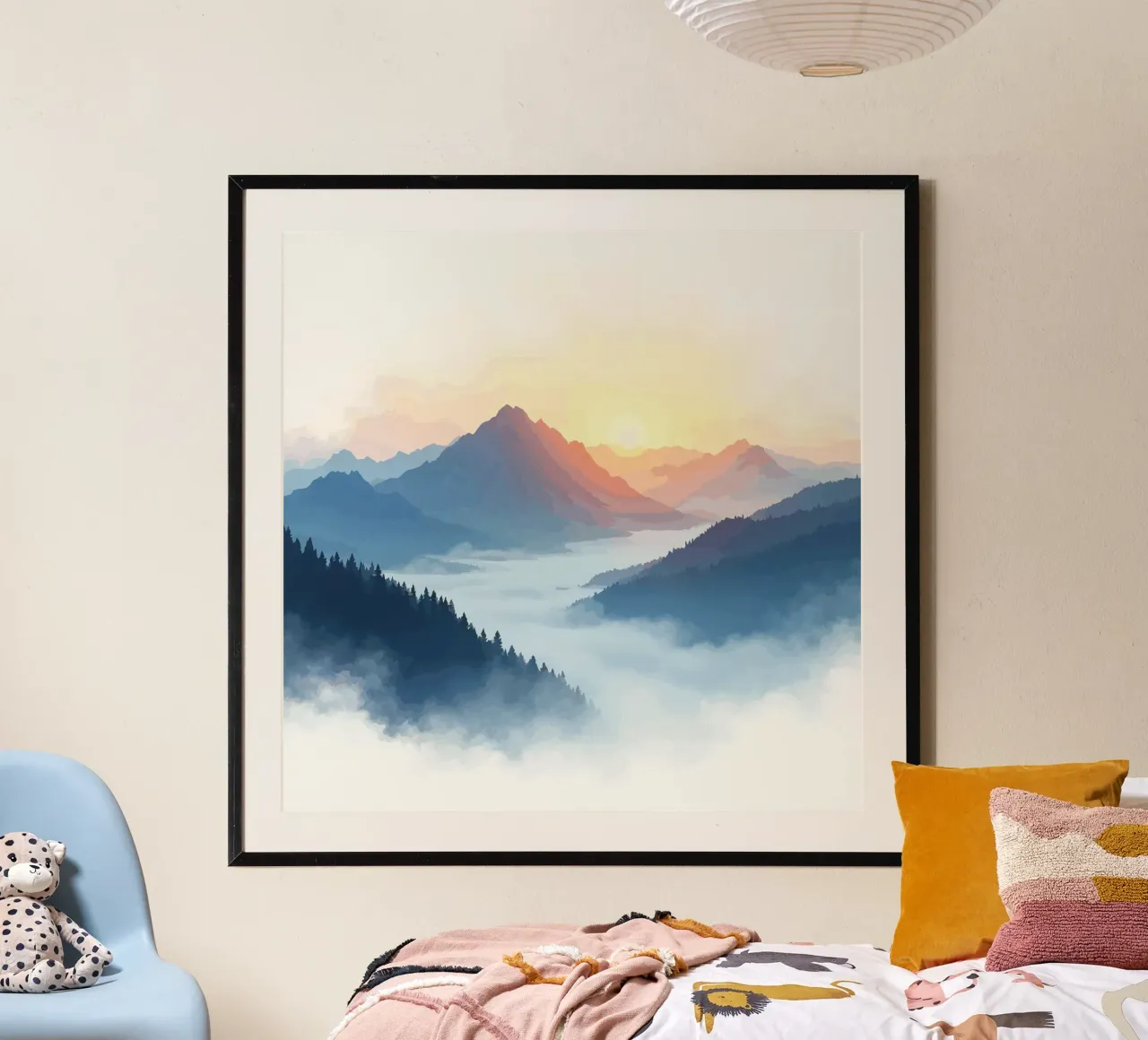 Alba serena su montagne nebbiose poster con telaio in legno da artdesign1985