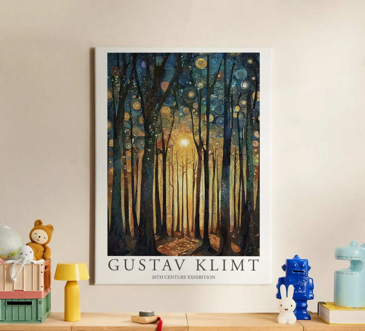 Gustav Klimt, Zon Bos Bomen, Schilderij canvas met Baklijst van Peaches Art Prints