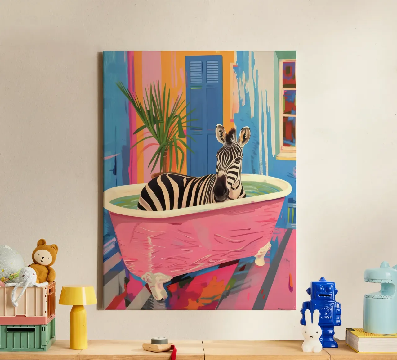 Zebra Print Maximalistische Badkamer Schilderij canvas met Baklijst van Peaches Art Prints