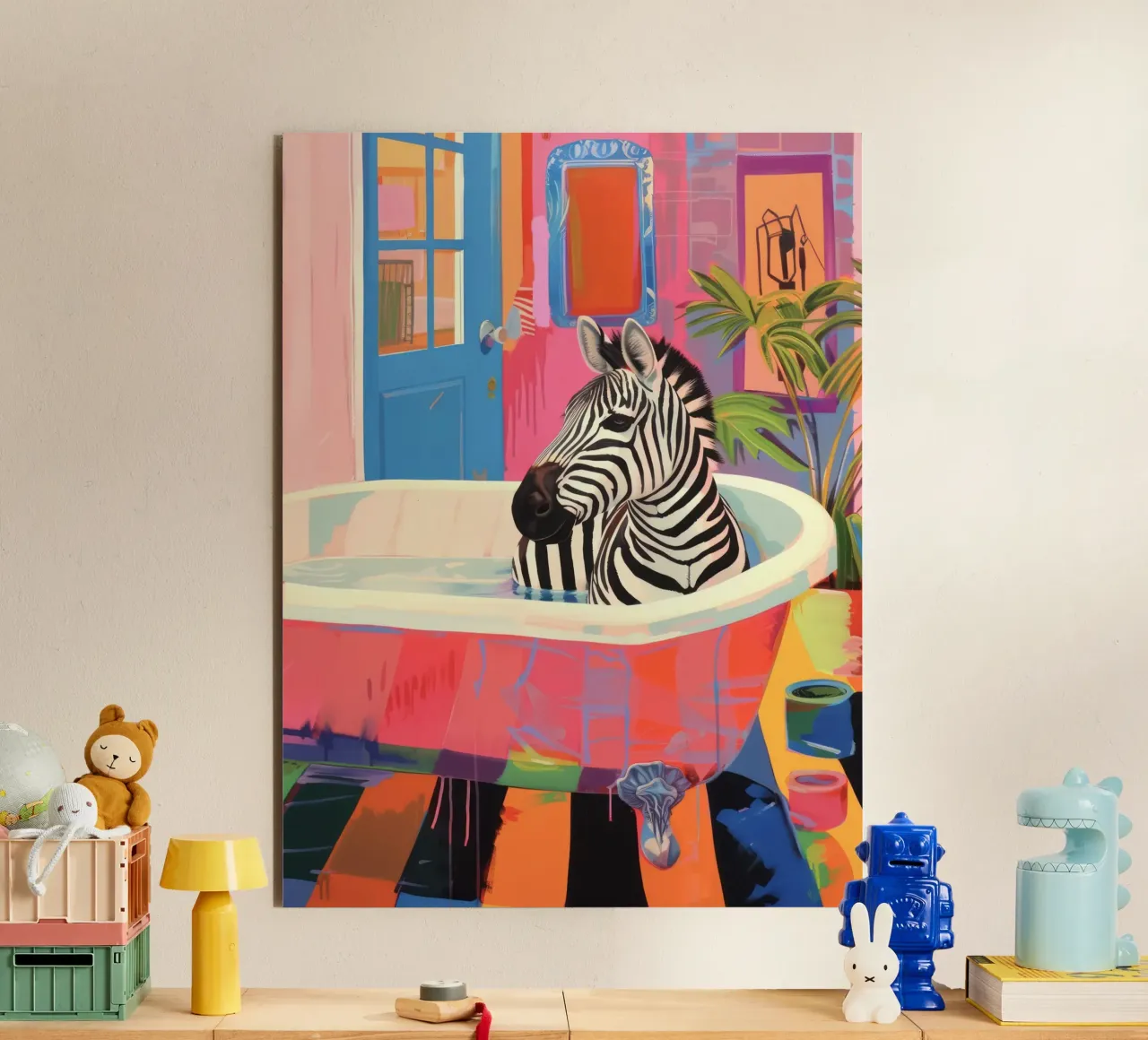 Zebra in un bagno, bagno massimalista alluminio dibond da Peaches Art Prints
