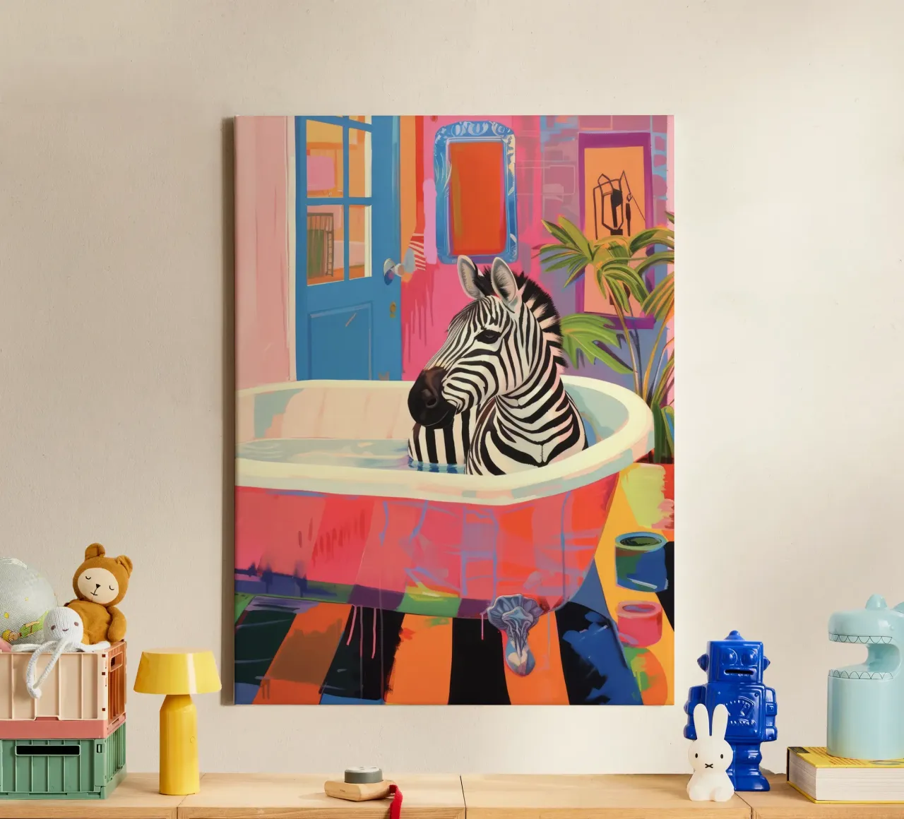 Zebra in un bagno, bagno massimalista tela da Peaches Art Prints