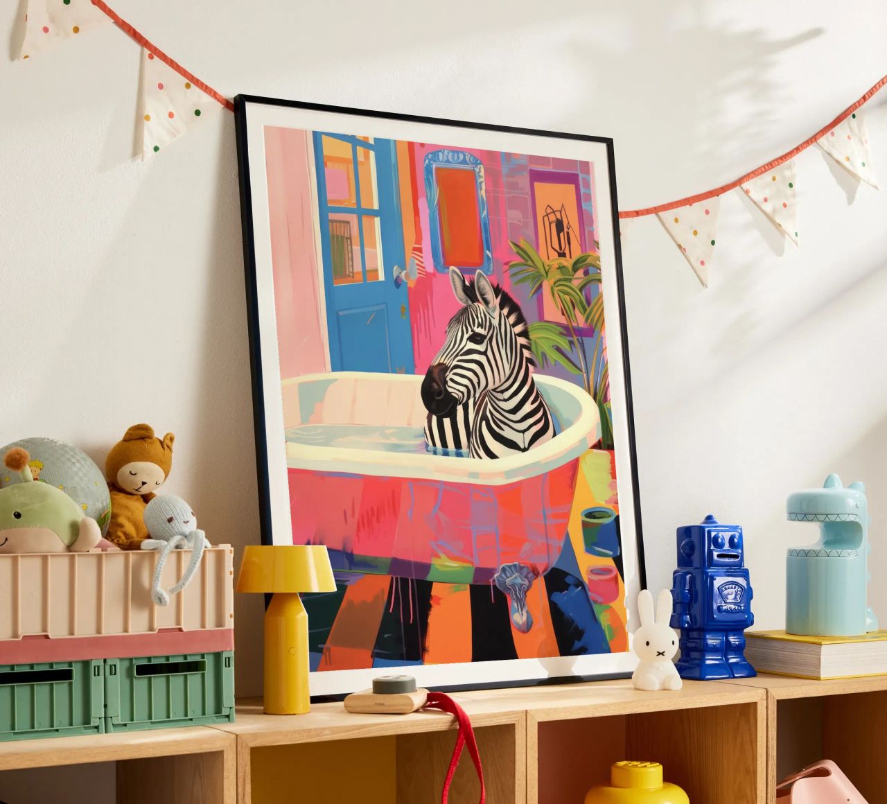 Zebra in un bagno, bagno massimalista poster da Peaches Art Prints
