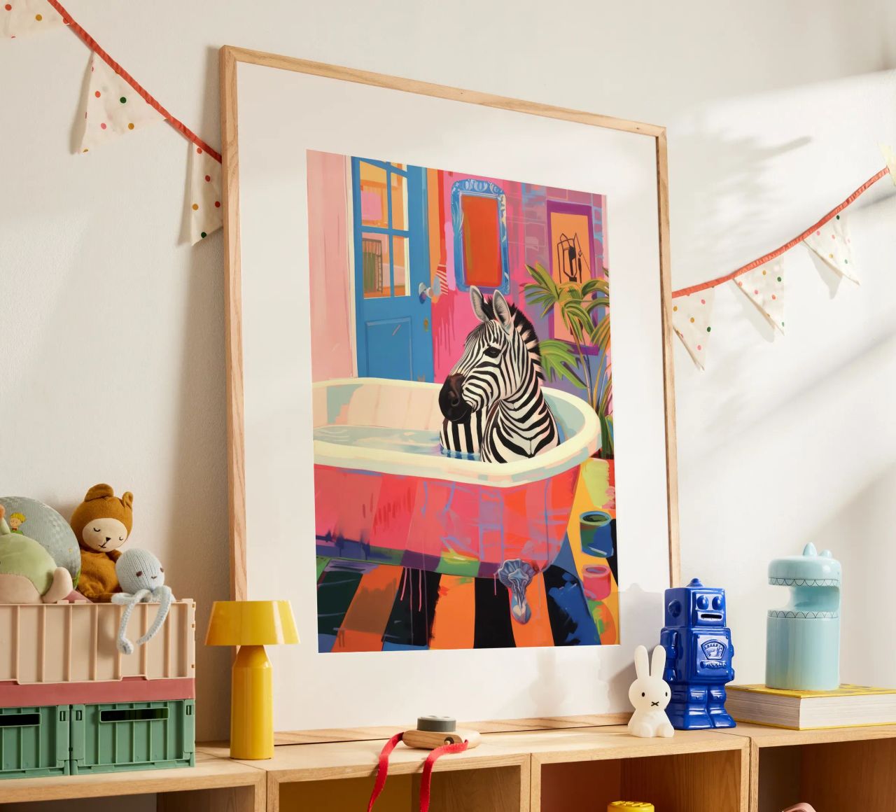 Zebra in un bagno, bagno massimalista poster da Peaches Art Prints