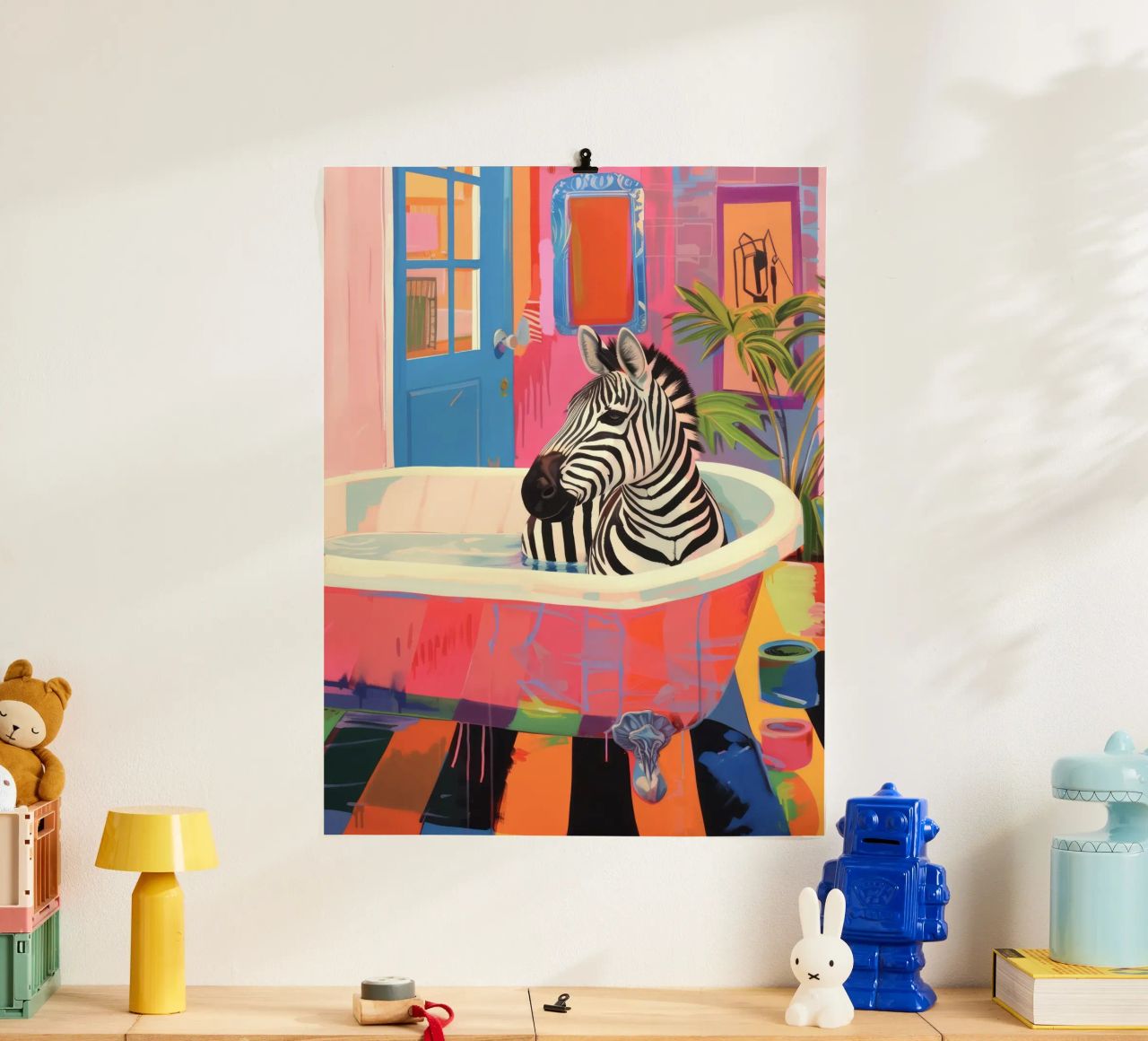 Zebra in un bagno, bagno massimalista poster da Peaches Art Prints