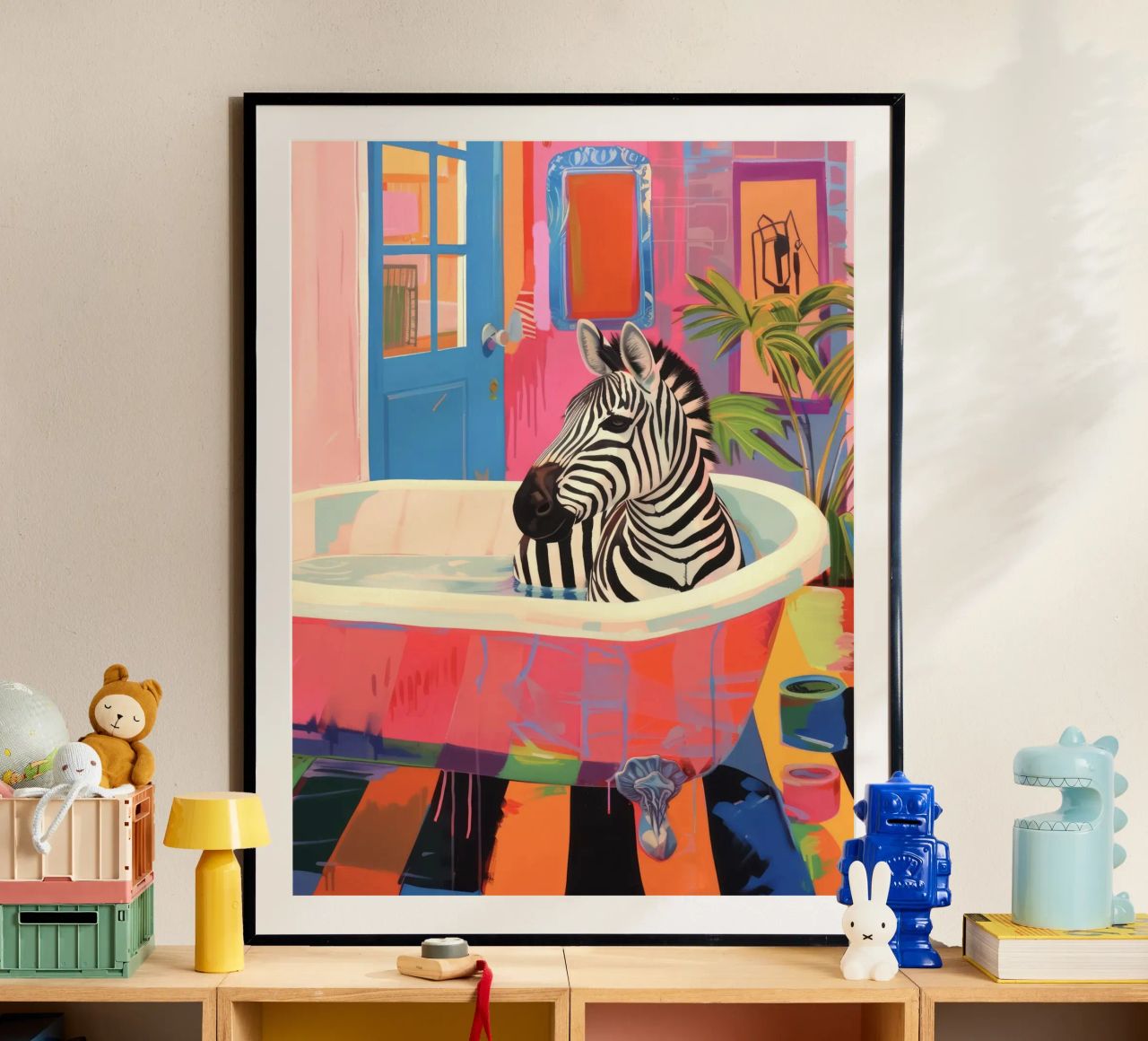 Zebra in un bagno, bagno massimalista poster da Peaches Art Prints